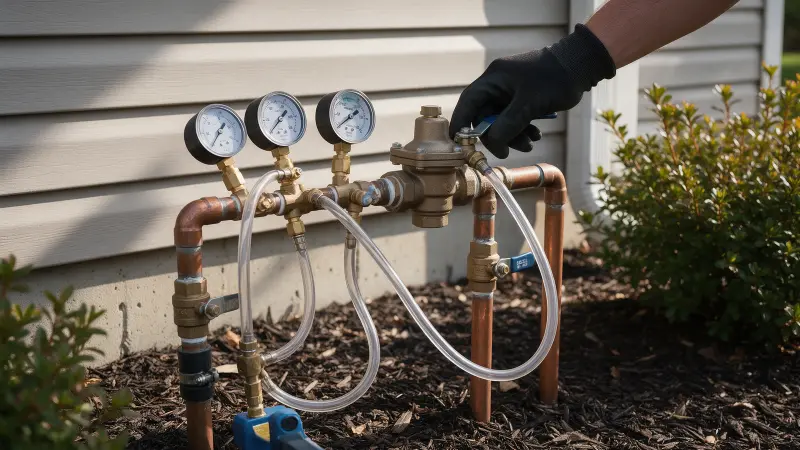 Backflow test kit with three gauges connected to a brass pressure vacuum breaker beside a house
