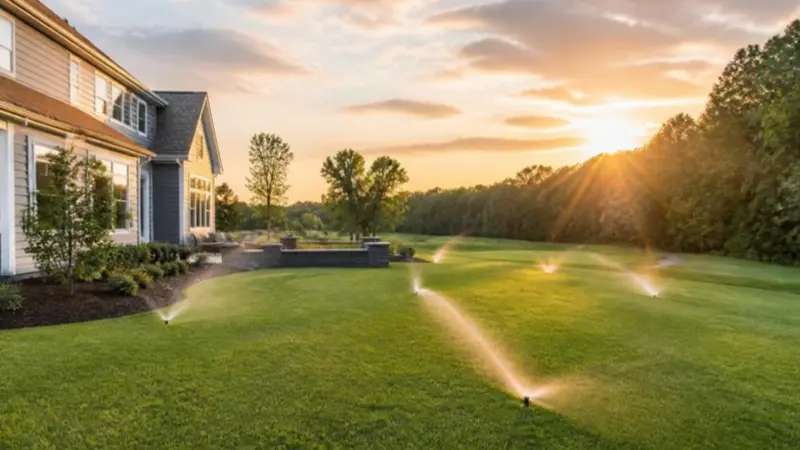 Large backyard lawn with rotor sprinklers running, backing onto a golf course and woods at sunset