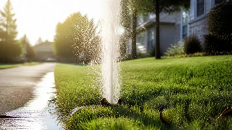 Broken pop-up sprinkler head shooting a geyser of water beside a sidewalk