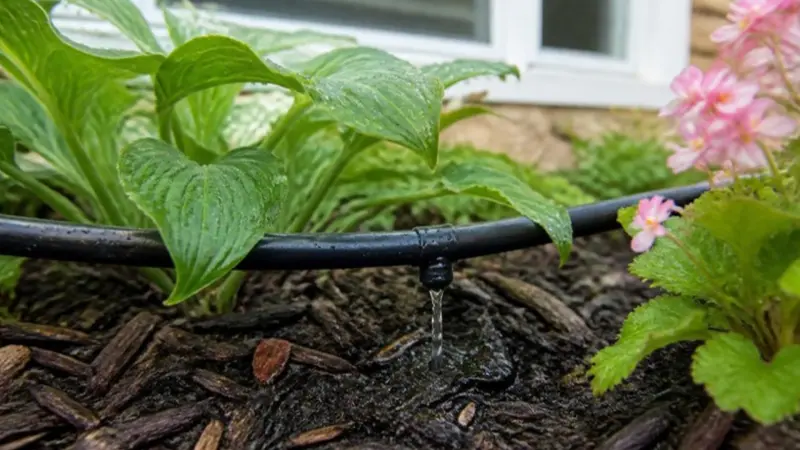 Drip irrigation line with an emitter dripping onto mulch among hostas in a foundation bed