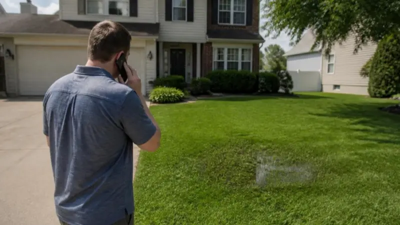 Homeowner on the phone looking at a soggy wet patch in a front lawn