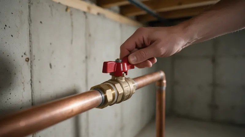 Hand turning a red ball valve on a copper irrigation supply line in a basement