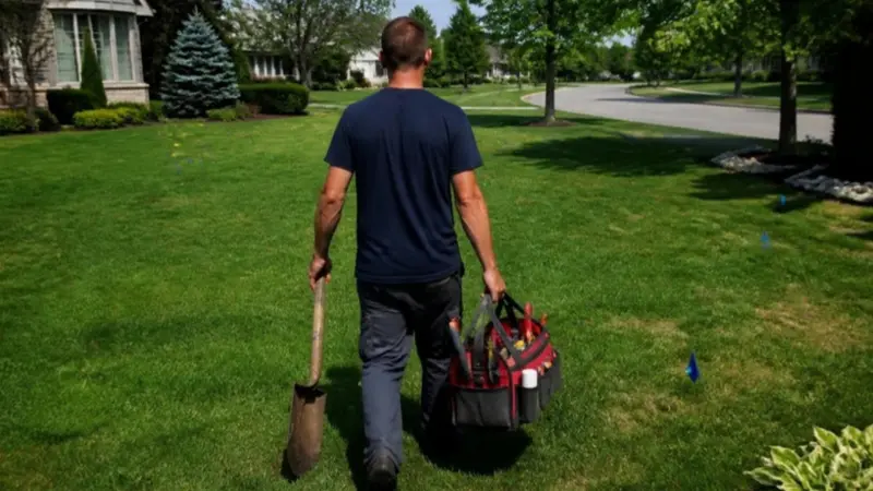 Irrigation technician carrying a tool bag and shovel across a lawn with marker flags at sprinkler heads