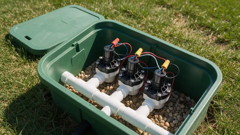 Valve box with three new irrigation zone valves on a clean PVC manifold after repair