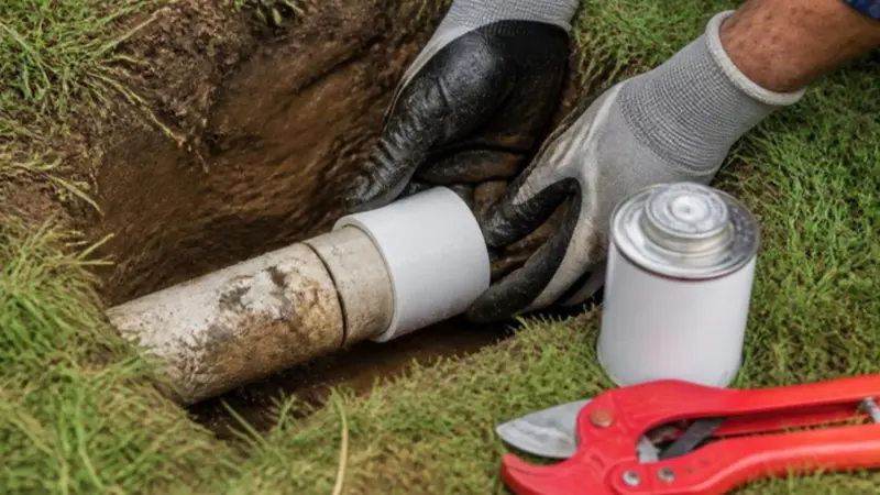Gloved hands fitting a new PVC slip coupling onto a cracked underground sprinkler pipe