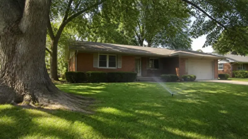 Brick ranch home with large mature shade trees and a sprinkler watering the front lawn