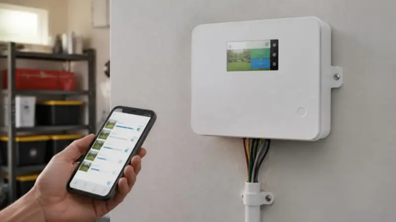 Wi-Fi smart sprinkler controller on a garage wall with a phone showing a watering app