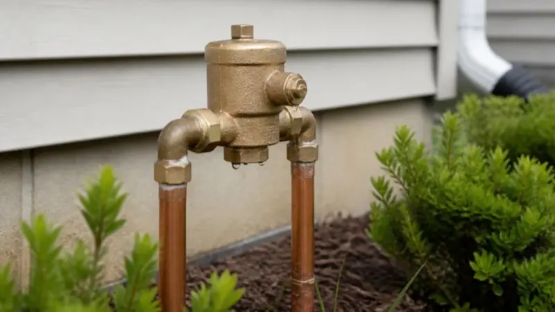 Brass pressure vacuum breaker backflow preventer on copper pipes beside a house foundation, dripping water