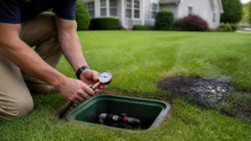 Technician pressure testing an irrigation line at an open valve box beside a soggy patch of lawn