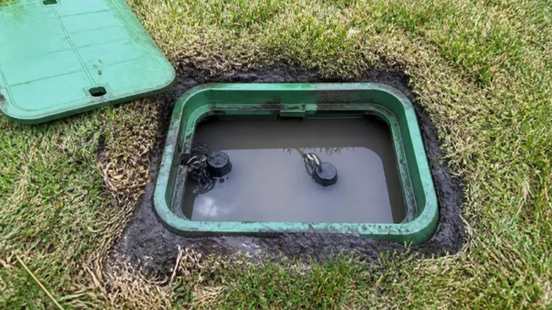 Sprinkler valve box in a lawn with the lid off, filled almost to the top with muddy water over the valves