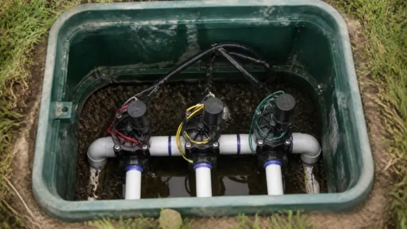 Open irrigation valve box with three zone valves, solenoid wires and standing water