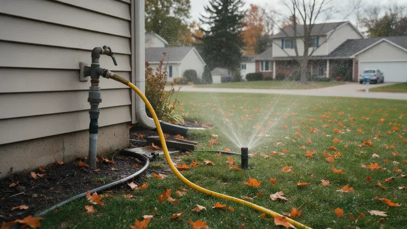 Compressor hose connected for a sprinkler blowout, with mist spraying from a pop-up head on a lawn covered in fall leaves