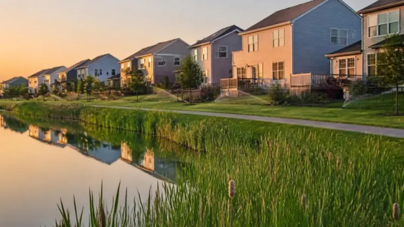 Row of two-story suburban homes with sprinklers running on lawns beside a retention pond at sunset