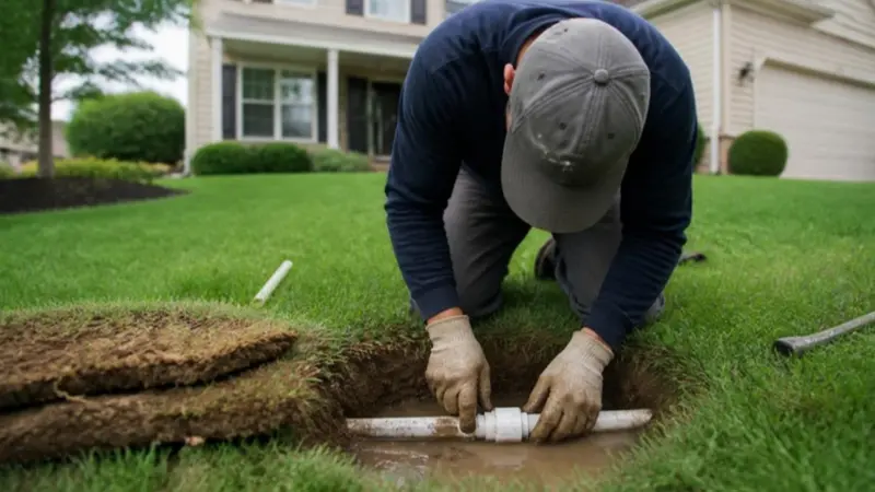 Irrigation technician splicing a cracked sprinkler line in a small hole dug in a suburban front lawn