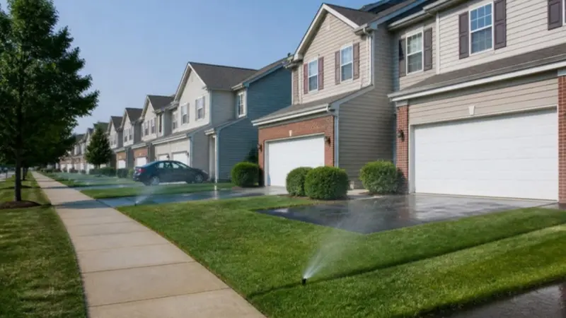 Row of Midwest-style townhomes with attached garages and spray sprinklers watering the lawn strip along a sidewalk