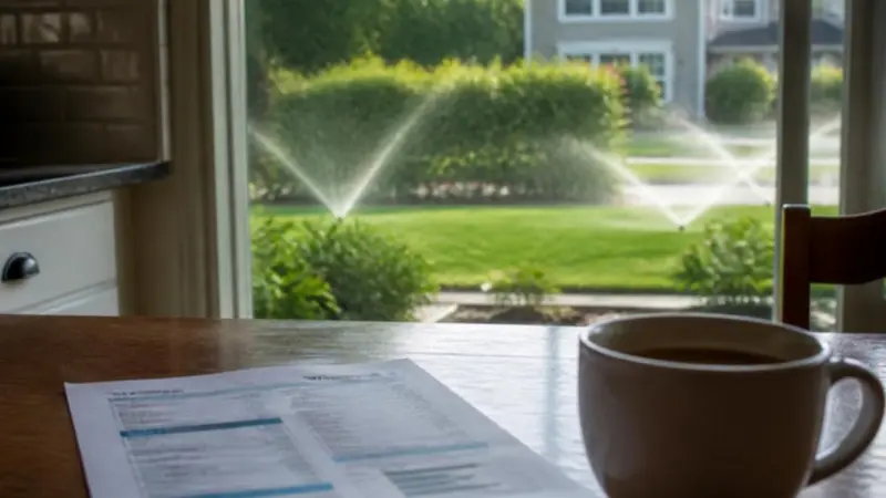 Utility bill and coffee on a kitchen table with sprinklers running on the lawn outside the window