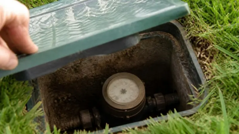 Hand lifting the lid of an underground water meter box at the edge of a lawn